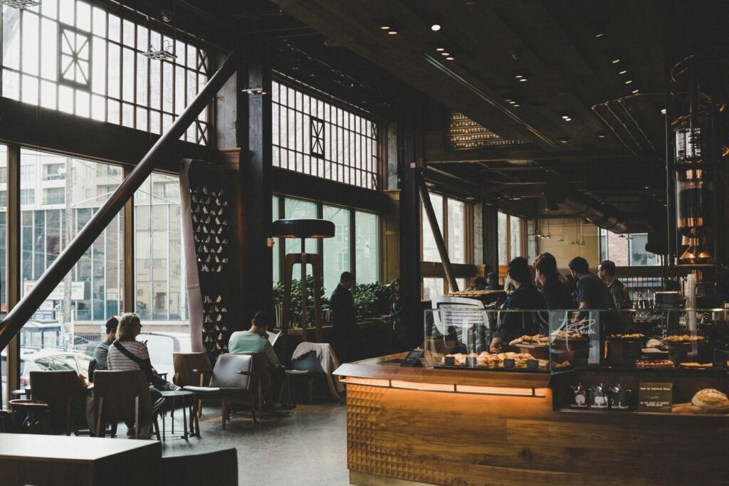Customers seated inside a busy café